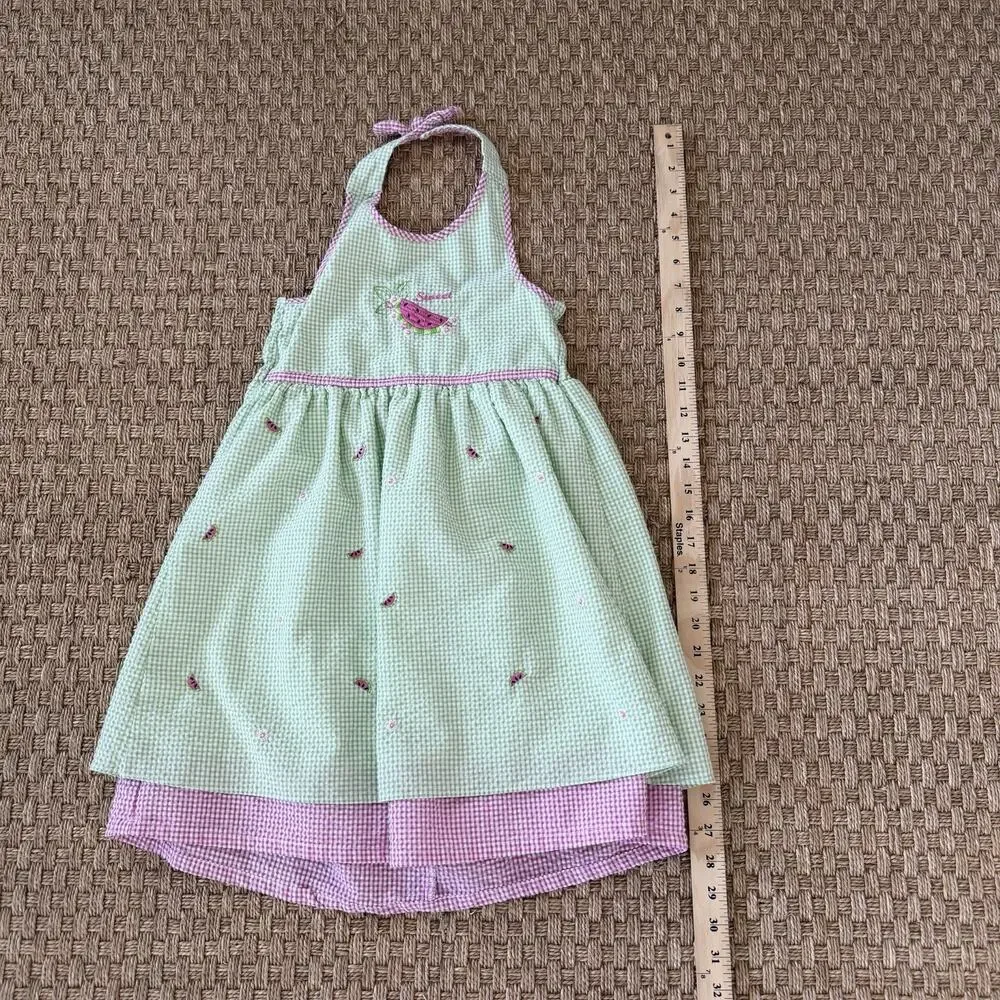 B.T. Kids Vintage Girl’s Dress Pink & Green Gingham Seersucker Watermelon Sz 5